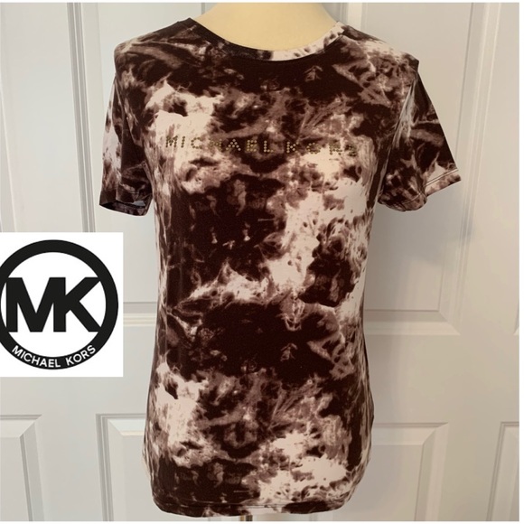 Michael Kors Tops - MICHAEL KORS Brown/White Tye Dye Tee, Gold Crystal Logo
